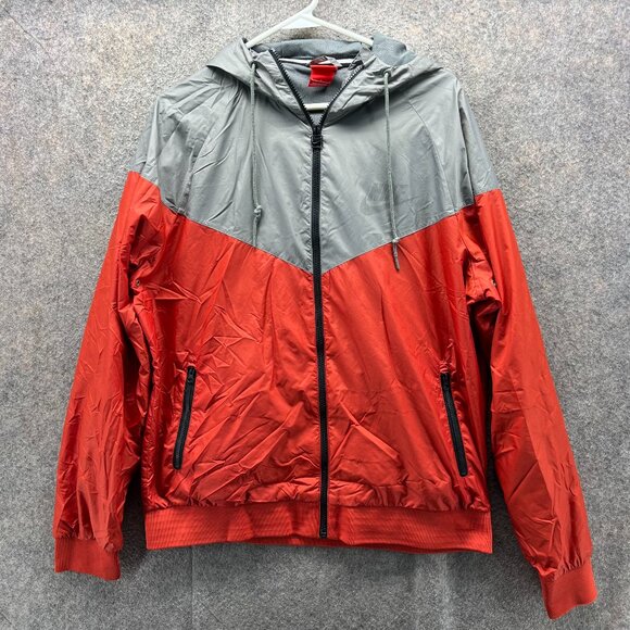 Nike Windbreaker Jacket Mens Large Gray Red Hooded Lightweight Full Zip - Picture 1 of 12